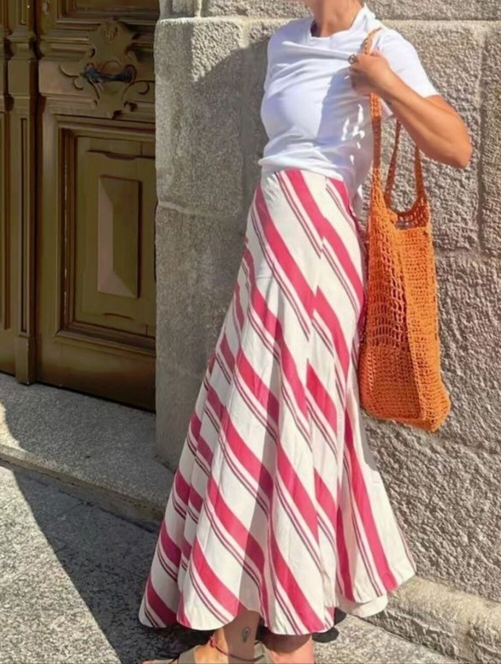 Zara Cream and Pink Striped Asymetrical Maxi Skirt